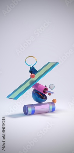 Vertical 3D Abstract Balancing Composition with Colorful Floating Geometric Shapes