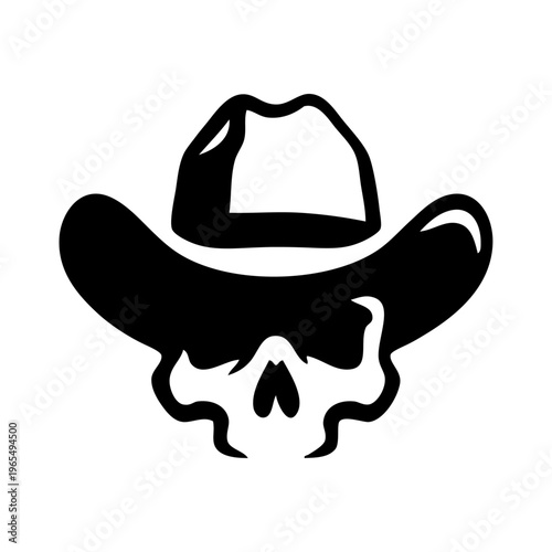 Logotipo con dibujo minimalista de una calavera con sombrero de cowboy para fiestas de Halloween 