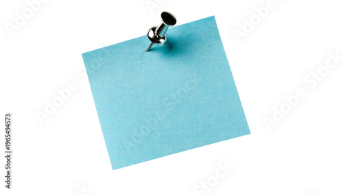Isolated blank light blue square sticky note with a silver pushpin for a short memo.