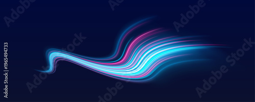 Bright blue neon waves ripple through city night road. Motion blur enhances depth and cyber energy flow. Clean vector.