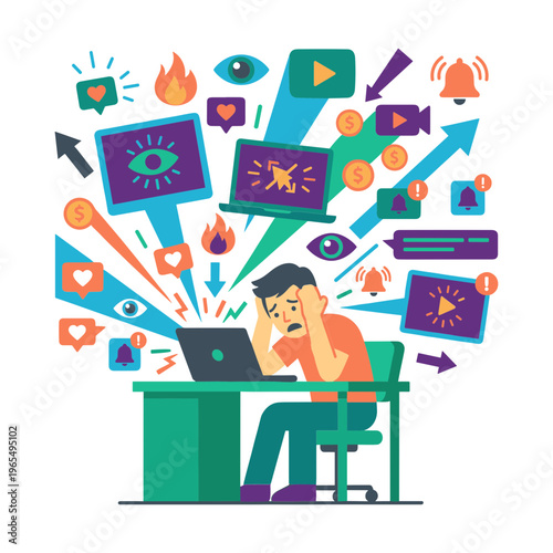 A stressed man sits at a desk overwhelmed by various digital notifications and media icons.