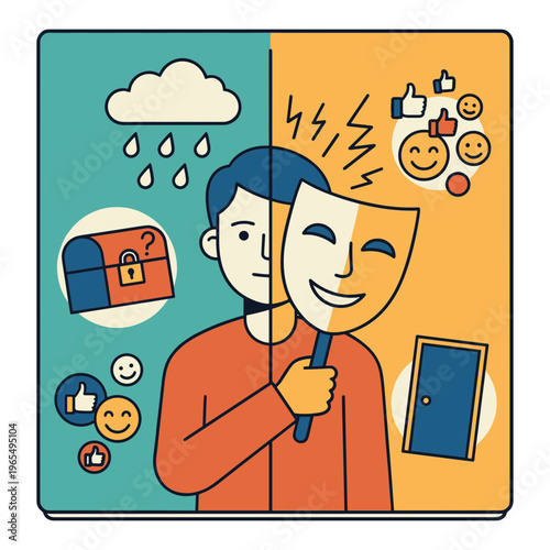 Person holding two masks representing dual emotions and identity in social media