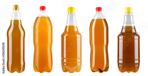 Set of plastic bottles with light beer or cider isolated on white background, different shapes and sizes, mockup packaging concept