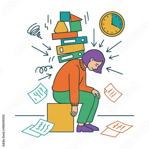 A stressed woman sits overwhelmed by falling office supplies and papers.