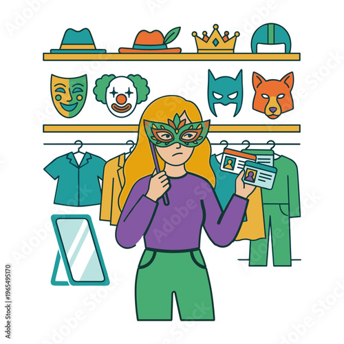 A woman tries on a colorful mask in a costume store with various hats and clothes.