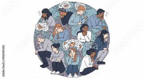 A circular arrangement of diverse individuals contemplating or in distress