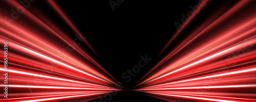 Bright red lines sweep through futuristic expressway scene. Light trails create smooth high speed digital motion effect. Abstract design.