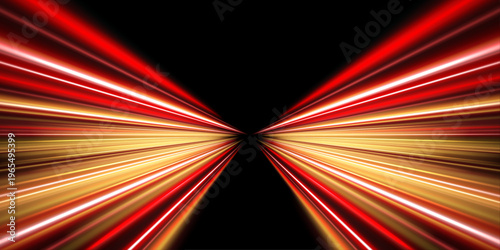 Orange and red glowing light trails spiral through futuristic night road. Energy waves form fast digital motion and depth illusion. Clean design.