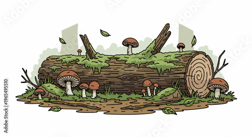 A moss-covered log with mushrooms and leaves in a forest setting