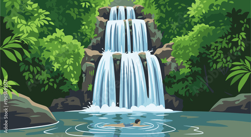 A person swims in a clear pool at the base of a cascading waterfall
