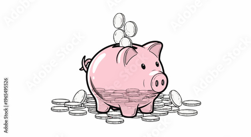 A pink pig-shaped piggy bank overflowing with coins and more coins falling in