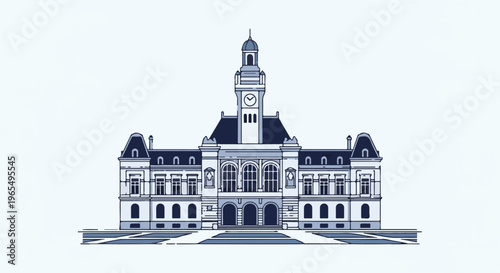A simplified, flat design illustration of a grand building with a clock tower