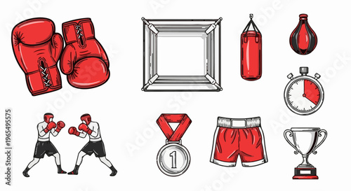 A collection of hand-drawn boxing elements, including gloves, ring, and gear