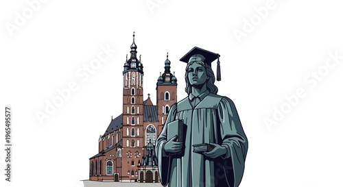 A statue of a graduate in academic regalia stands before a historic church