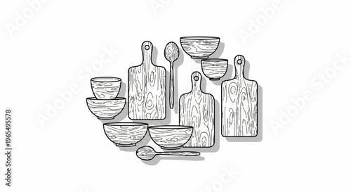 A collection of wooden kitchenware including bowls, spoons, and cutting boards