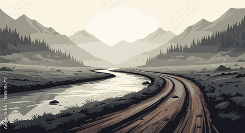 A winding dirt road follows a river through a valley with mountains