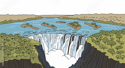 A wide, cascading waterfall plunges into a misty abyss amidst a lush, green landscape