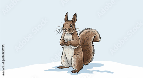A charming illustration of a fluffy squirrel standing on snow