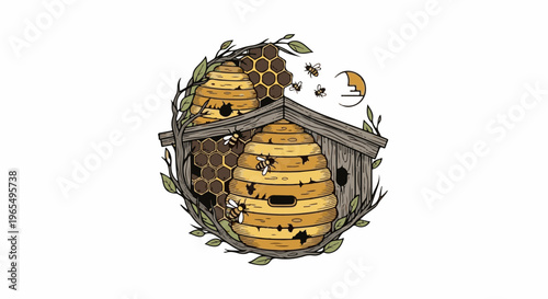 A circular illustration of a rustic beehive structure with bees and combs