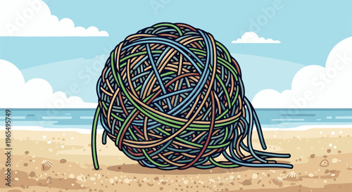 A giant ball of colorful rubber bands rests on a sandy beach by the ocean