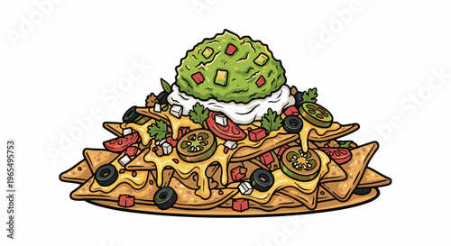 A heaping plate of loaded nachos topped with guacamole and sour cream