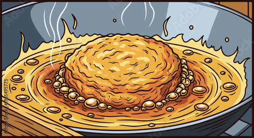 A large, golden, fried ball of food bubbles in a metal pan