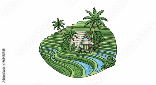 A-frame hut amidst lush green rice terraces with flowing water channels
