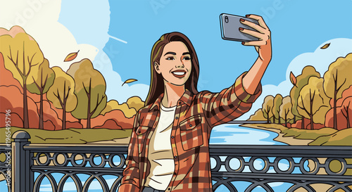 Autumn scene with a woman taking a selfie by a river