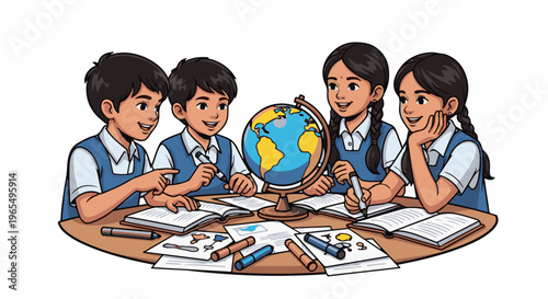 Children learning about the globe with books and writing tools