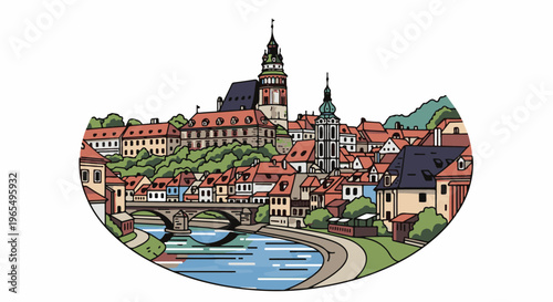 A vibrant, stylized illustration of an old European town with a river and bridge