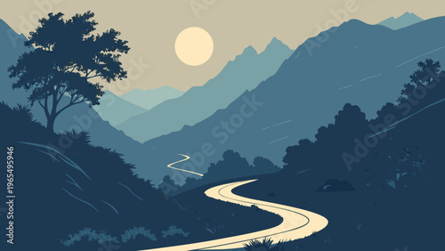 Epic Cinematic Mountain Road Under Full Moon, Golden Sunset Fading into Blue Hour Sky, Misty Valley, Ultra Realistic Scenic Landscape