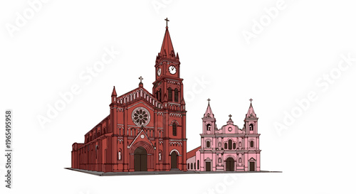 Two stylized churches, one tall and red with a clock, the other shorter and pink