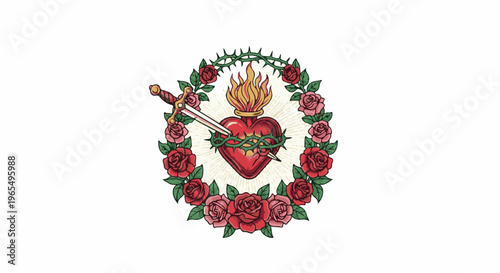 A flaming heart pierced by a sword, encircled by roses and thorns