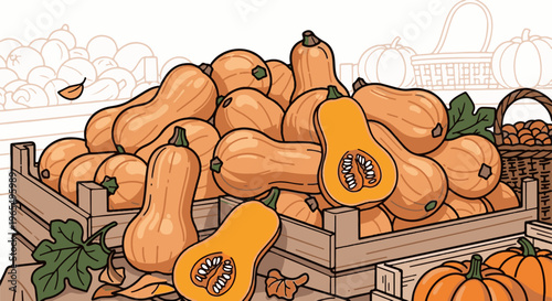 A bounty of orange squash overflowing from wooden crates and baskets