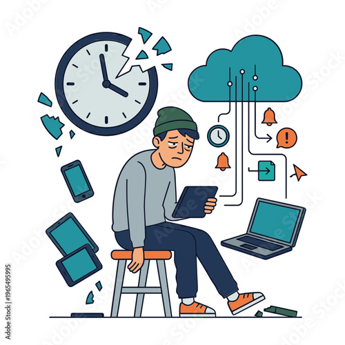 A man sits on a stool working on a tablet with a clock and devices around him