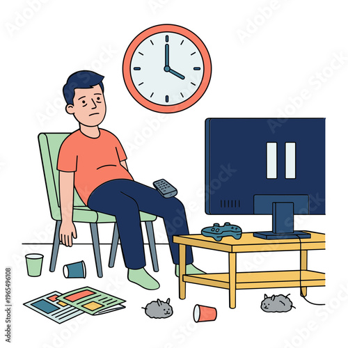 Man sitting on a chair watching paused television with snacks around