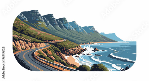 A winding coastal road hugs rugged mountains beside a blue ocean with waves