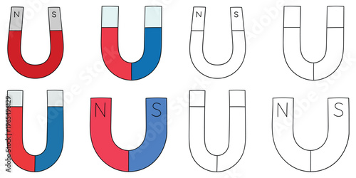 Hand-drawn cartoon and doodle set of horseshoe magnets on a white background.