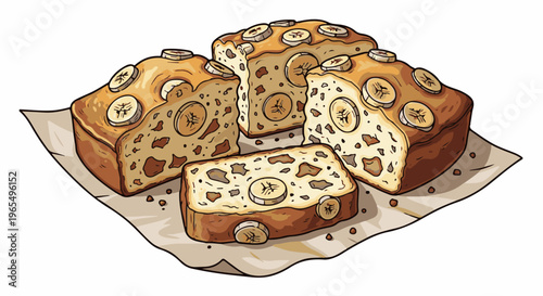 A hand-drawn illustration of several loaves and slices of banana bread