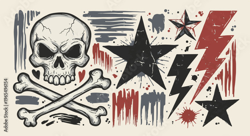 A grunge style graphic featuring a skull, crossbones, stars, and lightning bolts