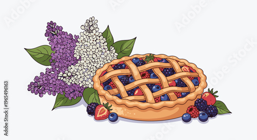 A lattice-top berry pie sits next to a spray of purple and white lilacs