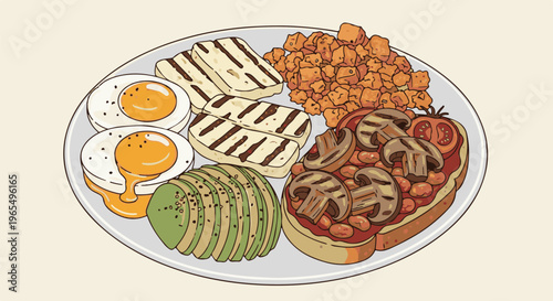 A hearty breakfast plate with eggs, grilled halloumi, tofu, and beans on toast