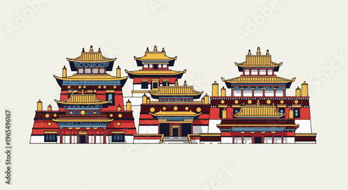 Stylized traditional multi-tiered red, yellow, and blue buildings