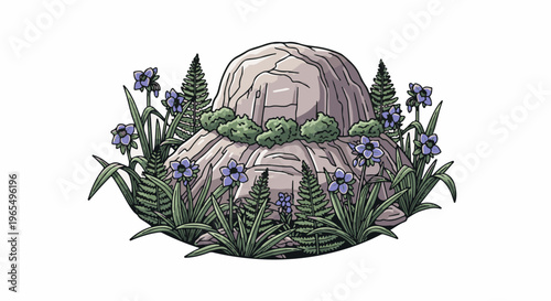 A lone, weathered boulder crowned with foliage, surrounded by wildflowers and ferns