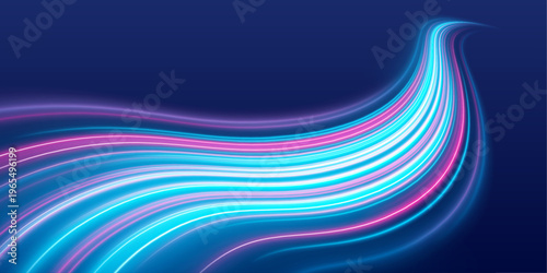 Electric blue lines stretch across futuristic city road. Light motion suggests speed and digital energy flow. High detail vector.
