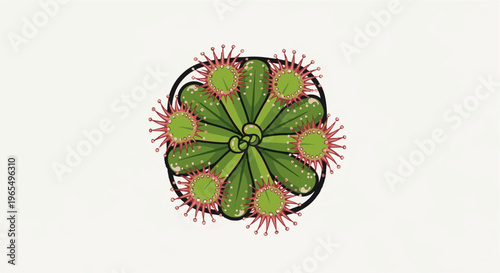 A stylized sundew plant with round, green leaves and spiky, red tentacle-like structures