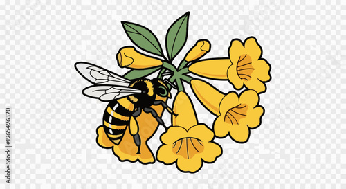 A stylized bumblebee collects nectar from yellow tubular flowers, with green leaves