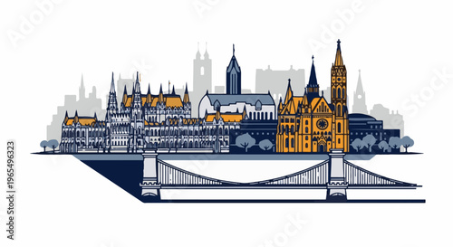 Stylized cityscape featuring iconic architecture and a suspension bridge