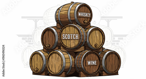 Stacked wooden barrels labeled Whiskey, Scotch, and Wine