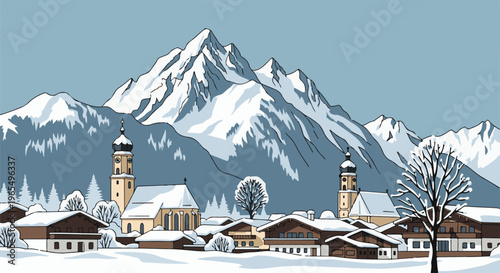 A picturesque snow-covered village nestled beneath majestic, jagged mountains